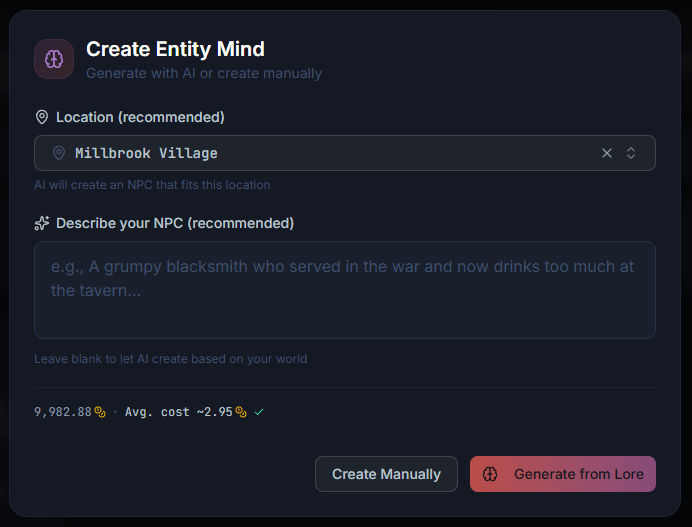Create Entity Mind dialog